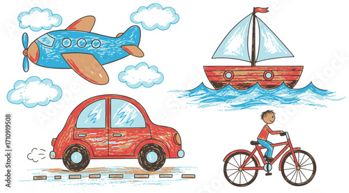 Colorful transport illustration with airplane, car, sailboat, and bicycle, fun kids drawing style for travel, learning, and education