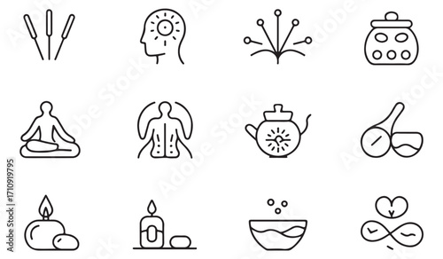 Clean line collection for wellness and health including meditation, oils, herbal medicine, balance, harmony, yoga, body, spirit, therapy, and mindfulness symbols