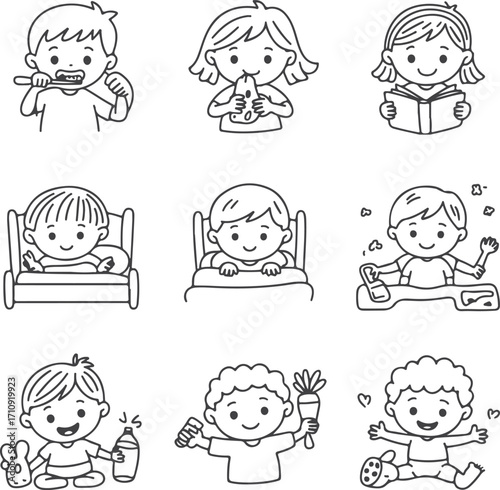 Set of cute cartoon children illustrations showing daily routines and activities in black and white line art style