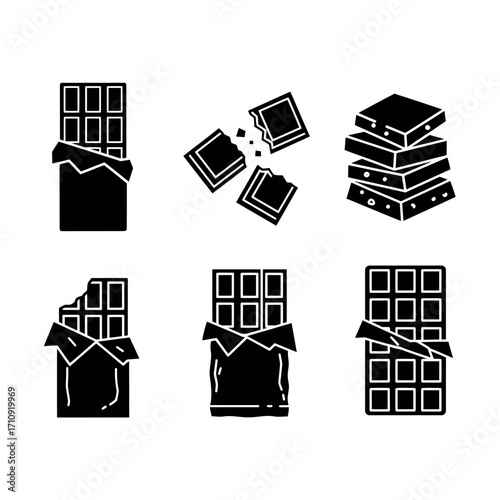 Vector art of collection of chocolate bars, including whole, broken, and stacked chocolate bars