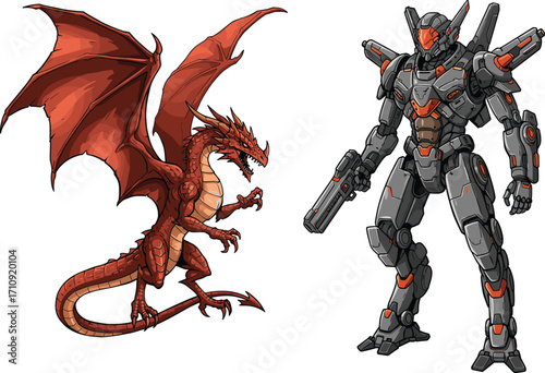 Epic fantasy dragon with wings facing futuristic armored robot warrior, science fiction mechanical fighter illustration, mythical creature versus advanced technology