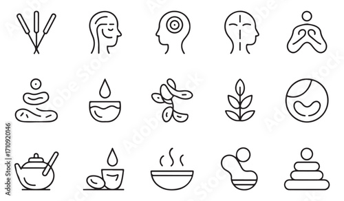 Minimal wellness and therapy line icons set with acupuncture, yoga, meditation, massage, oils, tea, herbal medicine, balance, spa, and relaxation symbols