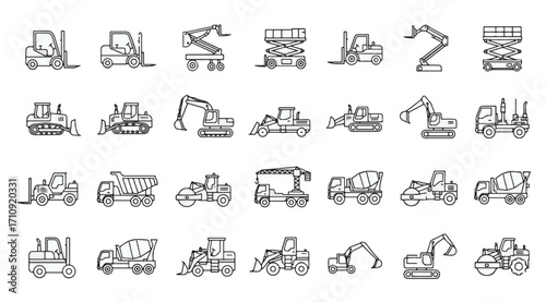 Construction Vehicles Icons Set with Forklift, Crane, Excavator, Bulldozer, Dump Truck, Cement Mixer, Loader, Roller and Heavy Equipment