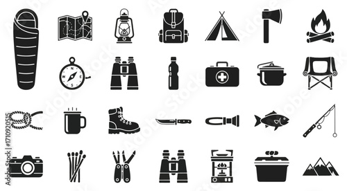 Camping Gear Icons Collection with Tent, Sleeping Bag, Backpack, Fire, Fishing, Compass, Knife, Boots, Cooking, Map and Outdoor Adventure Tools