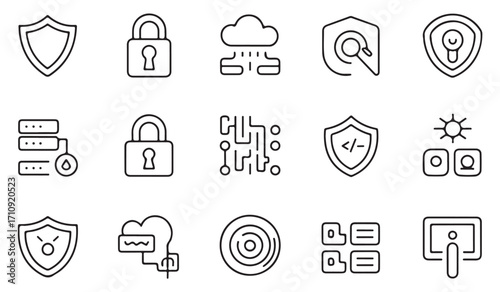 Modern line symbols of cybersecurity and technology including lock, VPN, firewall, server, encryption, data storage, virus, and network protection icons