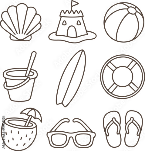 Summer Beach Vacation Icons Shell, Sandcastle, Surfboard & More