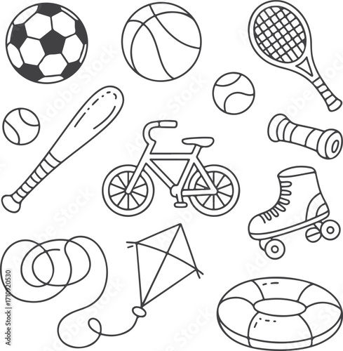 Fun Outdoors Hand-Drawn Sport and Recreation Gear Vector