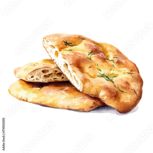 A watercolor painting of Focaccia, vector illustration on white background.