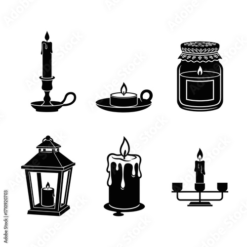 Vector art of collection of candle icons set includes various candle designs, holders, and lanterns for different occasions