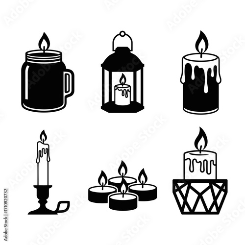 Vector art of collection of candle icons set includes various candle designs, holders, and lanterns for different occasions