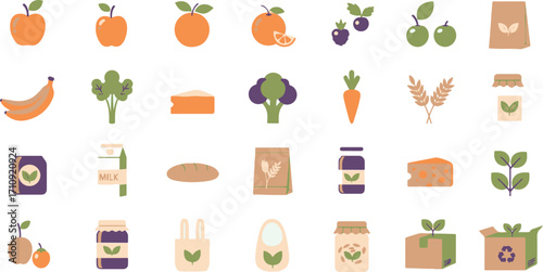 Organic food icons set – fruits, vegetables, dairy, grains, eco packaging, natural products, healthy eating and sustainable lifestyle.