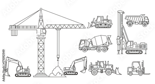 Construction machinery icons set – crane, excavator, bulldozer, dump truck, cement mixer, road roller, drilling rig, heavy equipment.