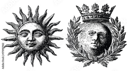 Vintage Engraved Sun Face Laurel Crown and Laure with Crown