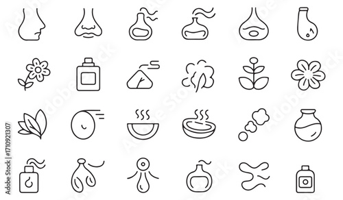 Vector outline icons of aromatherapy including essential oils, spa, diffuser, perfume, massage, incense, flowers, face, calm, and relaxation wellness symbols