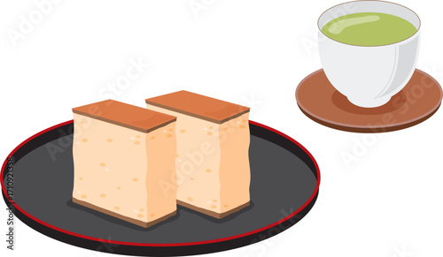 お盆に乗ったカステラとお茶のセット
