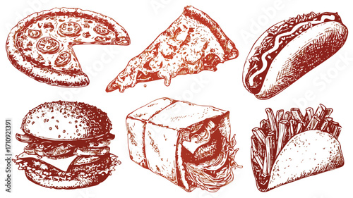 Vintage Pizza Shawarma Nuggets Illustration Set for Food Lovers and Restaurants