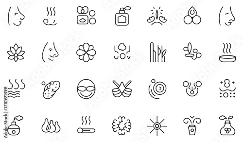 Minimal aromatherapy and spa line icons set with incense, fragrance, oils, steam, flowers, lotus, massage, beauty, skincare, relaxation, and wellness symbols