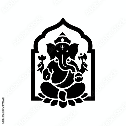 Vector art of silhouette illustration of lord ganesha sitting on a lotus flower, a revered hindu deity, symbol of wisdom and prosperity