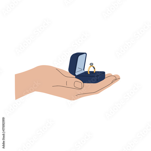 Hand presenting open velvet ring box with romantic mood, proposal concept, modern and tasteful style, against white background