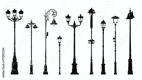 Vintage Streetlights Black Silhouettes Vector Set for Creative Projects