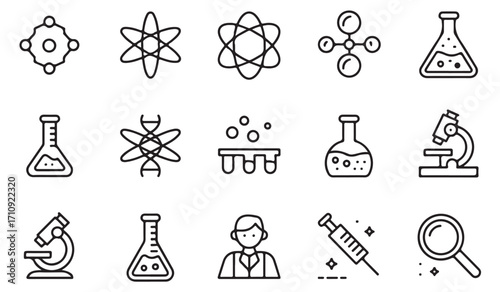 Outline illustration set of scientific icons such as DNA strand, atomic nucleus, flask, beaker, virus, syringe, molecule, microscope, hazard, and lab research symbols