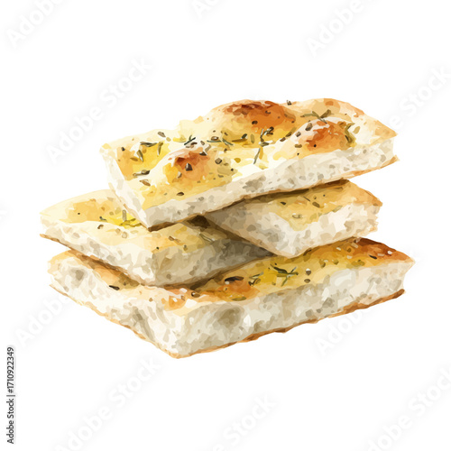 Focaccia in watercolor style, vector illustration, isolated on white background.
