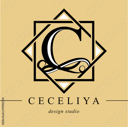 Logo, capital letter C. There is a botanical monogram in two squares - C. with organic plant elements. Vector design. beauty salon. for a tattoo studio.