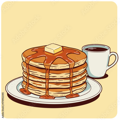 Stack of pancakes with maple syrup, butter, and coffee cup, bold and vibrant, American diner-style vector illustration