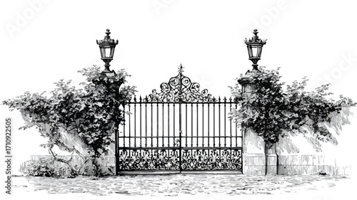 Elegant Vintage Wrought Iron Gate with Lanterns and Ivy