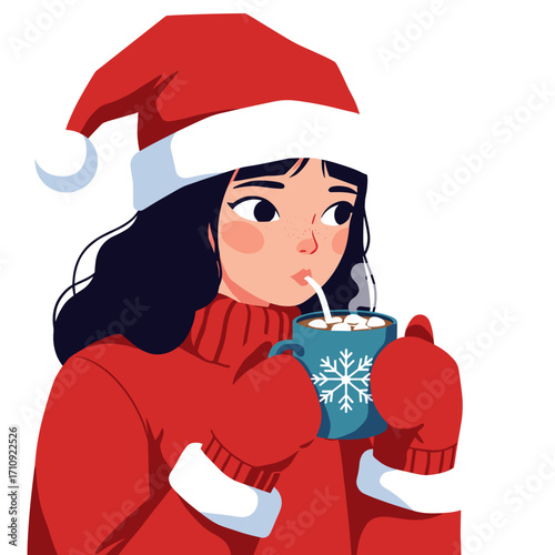 Girl in red mittens sipping cocoa from snowflake mug in modern flat vector illustration with vibrant and festive winter mood on white background