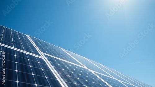 Solar panels under a clear blue sky, representing clean energy and sustainability.