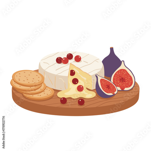 Melted brie wheel with cranberries spilling over, surrounded by crackers and figs on wooden board, minimalist flat vector style, soft pastel color palette, against white background