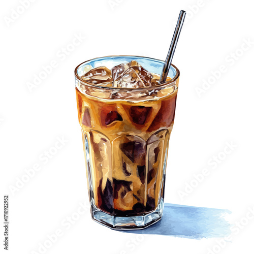 Iced Coffee, watercolor painting, vector illustration, isolated on a white background.