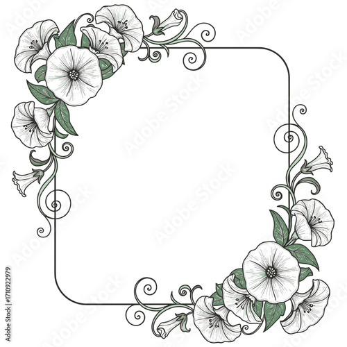 Decorative frame with moonflower blooms in flat vector illustration with elegant mood, curling tendrils and simple design for invitations on white background