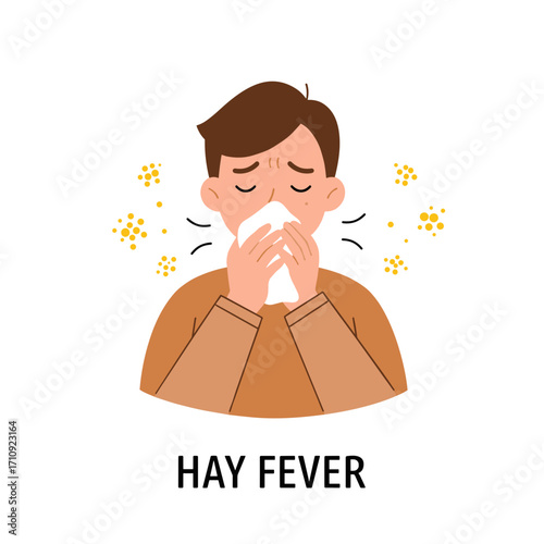 Person sneezing with pollen particles in the air, labeled “Hay Fever,” clean healthcare concept, white background