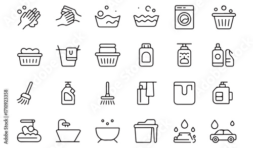 Minimal line icons set of laundry, soap, detergent, mop, bucket, spray, car wash, bath, cleaning products, hygiene, household chores, and sanitation equipment symbols