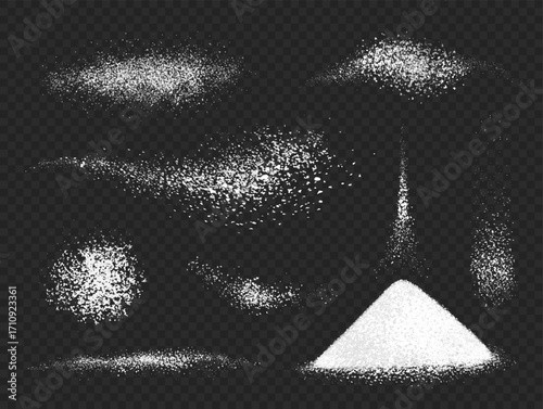 Sugar powder. Salt crystal white dust, flour isolated grain texture. Chalk, snow splash effect. Cooking spices, sea salt pile, falling particles. 3D realistic vector set.