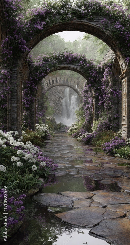 Obraz premium A stone archway garden path leads to a waterfall, adorned with purple flowers and lush greenery