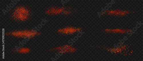 Chili pepper powder. Red paprika spice, masala hot spicy seasoning top view, paprika splashes. Chili pepper scatter. Indian and Mexican cuisine food ingredient. Vector realistic isolated set.
