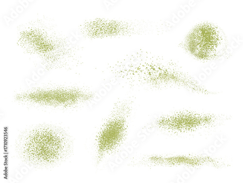 Matcha powder. Green tea, dust splash isolated closeup texture, detox drink, dry moringa herbal ingredient. Chlorella healthy plant medicine. Matcha herb vector realistic set.