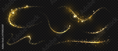 Gold light trail. Golden glitter magic effect, shining line swirl with star glow and sparks. Yellow wave with particles flare. Starry dust luxury bright decoration. 3d realistic vector set.