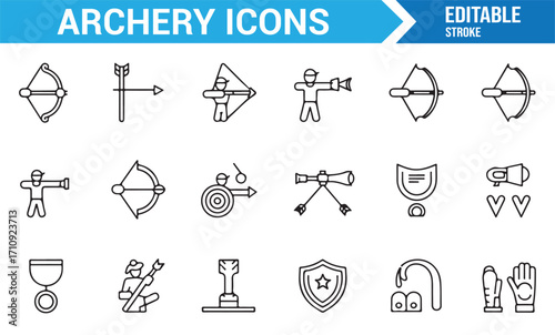 Archery sports outline vector icons including bow, arrows, target, shield, and medal competition elements