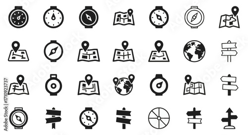 Navigation icons set including compass, map, globe, signpost, location pin, and direction symbols for travel, GPS, and exploration designs.