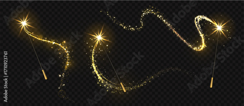 Realistic magic wand with light trail, shining star and sparks. Magic wands with glittering energy trace, golden glow particles. Christmas, Xmas festive element. Vector isolated set.