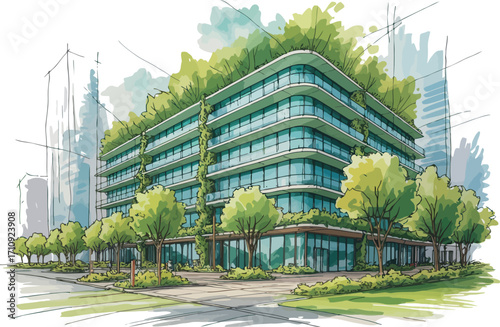 This architectural rendering depicts a modern building thoughtfully integrated with lush greenery.