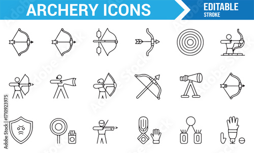 Archery outline icon set showing bow, arrow, archer, target, competition, and sports vector illustrations