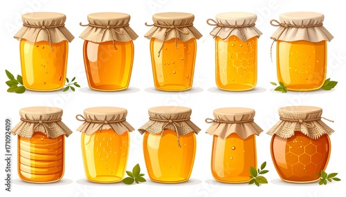 Set of twelve realistic honey jars in various designs, showcasing different honey types, with kraft paper lids and herbs.