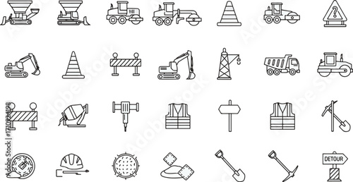 Construction icons set with trucks, excavator, cones, barriers, helmet, shovel, tools, safety vest, machinery, industrial work symbols