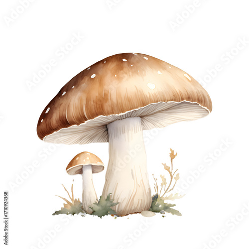 Brown Mushrooms with Green Leaves – Nature Watercolor Art