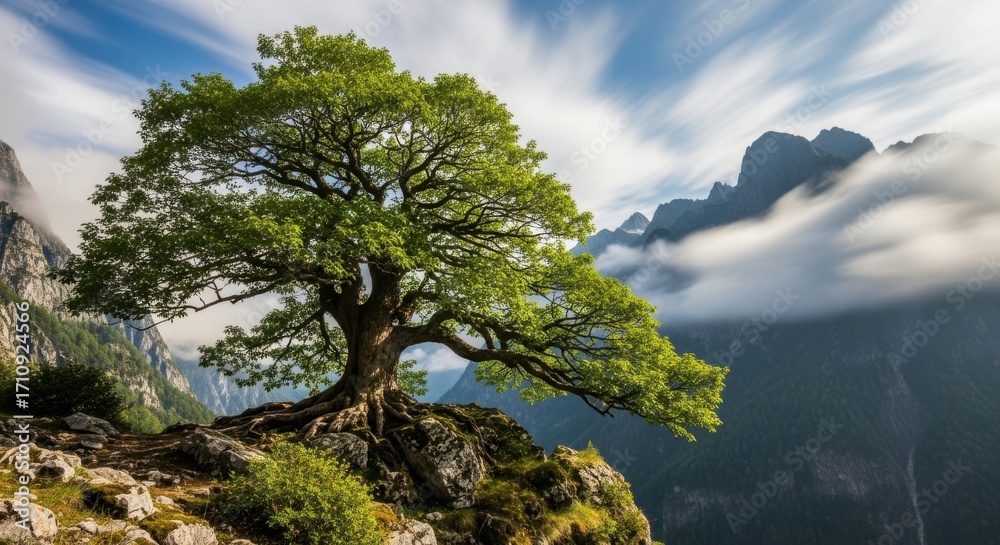 Obraz premium Ancient Oak Tree on a Rugged Mountain Peak Against a Dramatic Sky